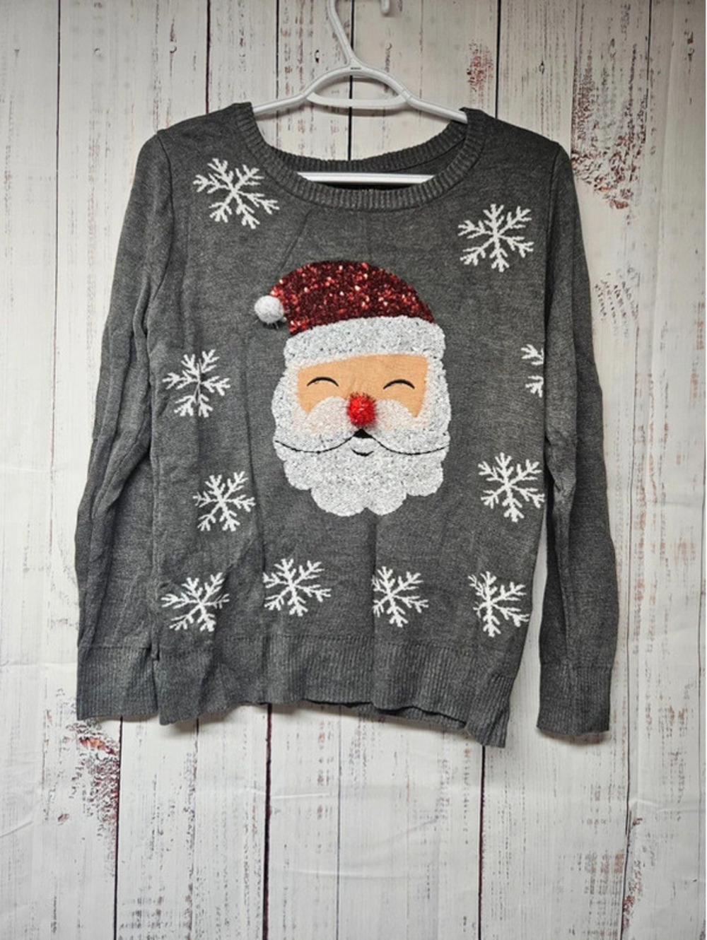 Tipsy Elves Happy Hour Women S/M Ugly Christmas Sweater Sequin Santa Gray